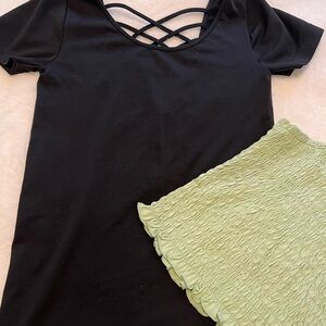 Black Crisscross Short Sleeve Top with Light Green Smocked Skirt